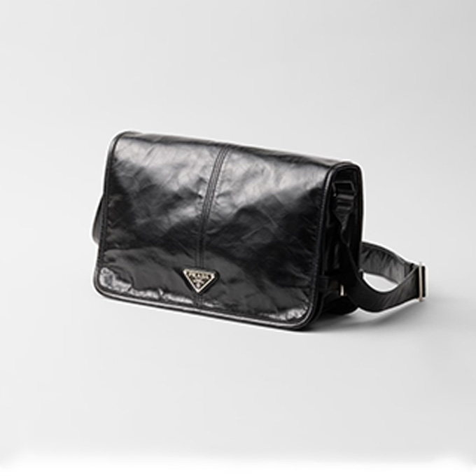 prada shiny waxed leather flap messenger shoulder bag